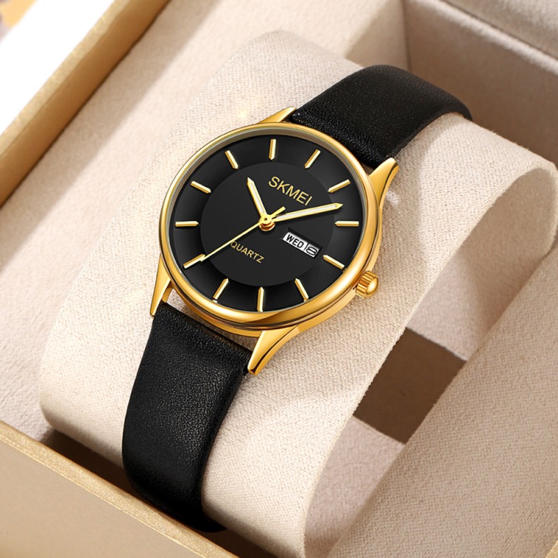 Жіночий класичний годинник Skmei 2251GDBK Gold-Black з мінеральним склом та шкіряним ремінцем