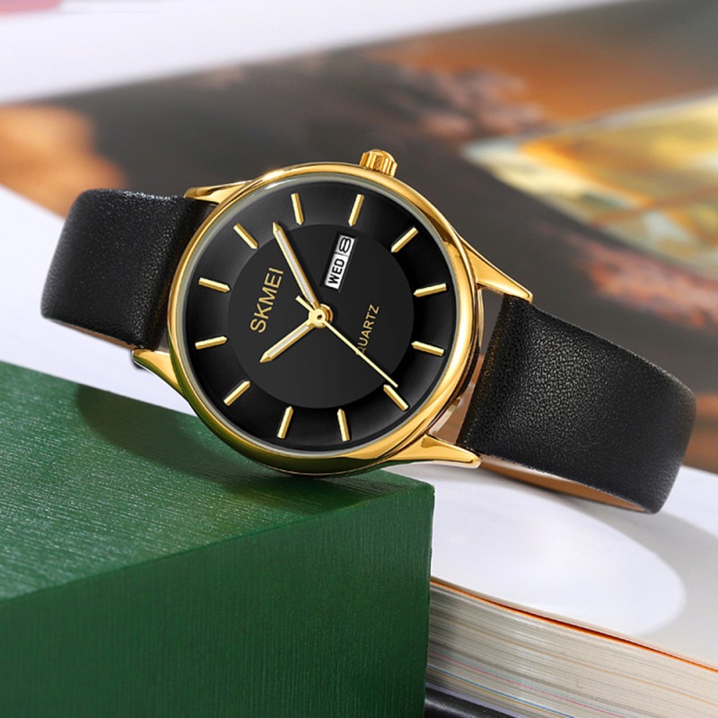Жіночий класичний годинник Skmei 2251GDBK Gold-Black з мінеральним склом та шкіряним ремінцем