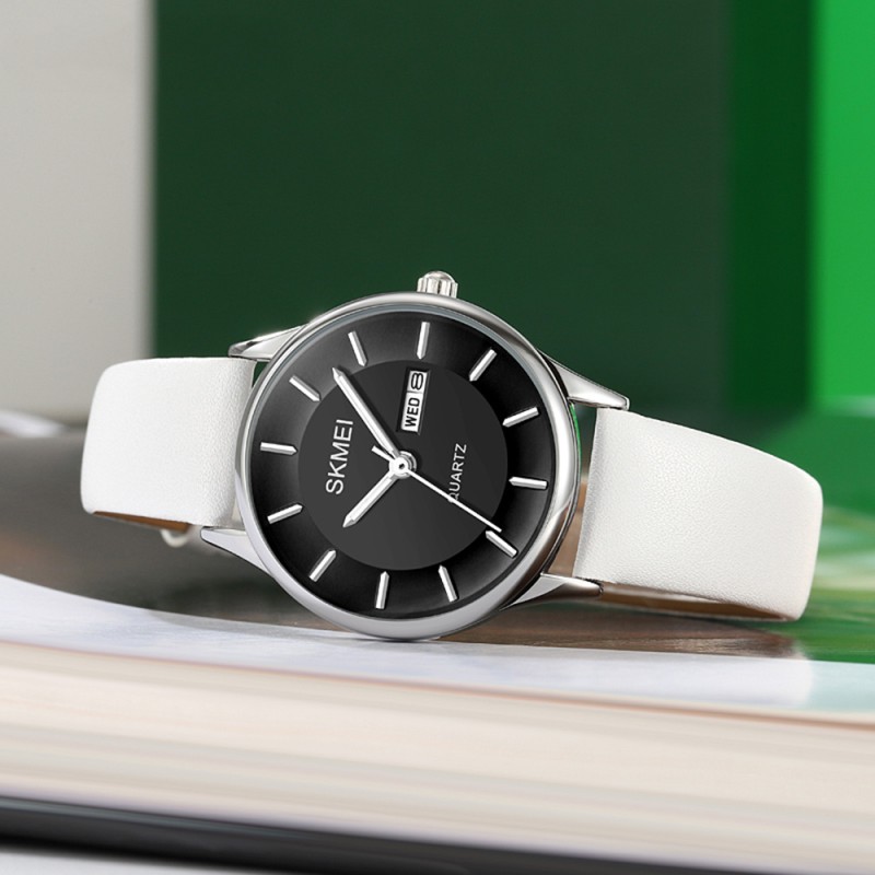 Жіночий годинник Skmei 2251SIWT Silver-White зі сріблястим корпусом та білим шкіряним ремінцем