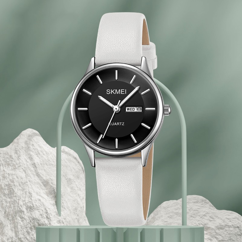 Жіночий годинник Skmei 2251SIWT Silver-White зі сріблястим корпусом та білим шкіряним ремінцем