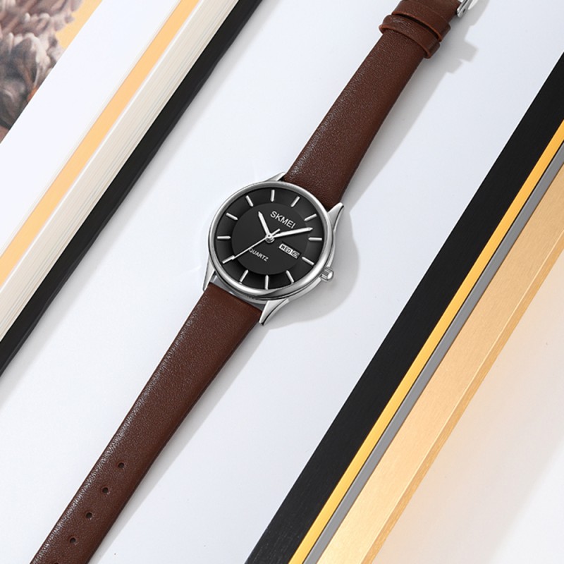 Жіночий годинник Skmei 2251SIBN Silver-Brown з шкіряним ремінцем та мінеральним склом