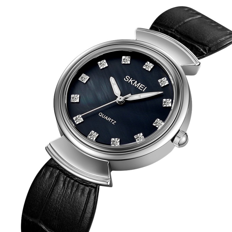 Женские классические часы Skmei 2165SIBKBK Silver-Black-Black с кожаным ремешком и минеральным стеклом