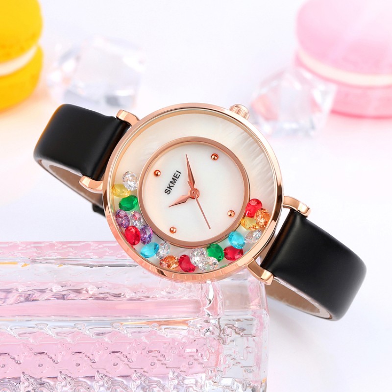 Женские классические часы Skmei 2041RG Rose Gold с минеральным стеклом и кожаным ремешком