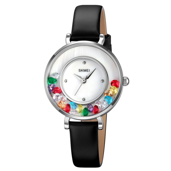Жіночий класичний годинник Skmei 2041SI Silver STOPPED зі шкіряним ремінцем та мінеральним склом