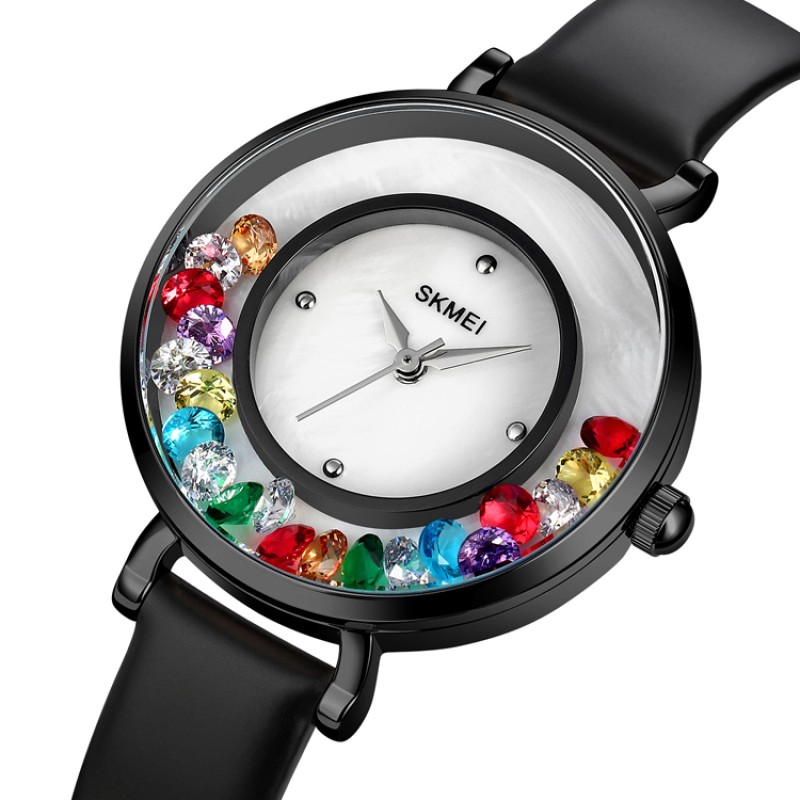 Жіночий класичний годинник Skmei 2041BK Black з білим циферблатом та шкіряним ремінцем