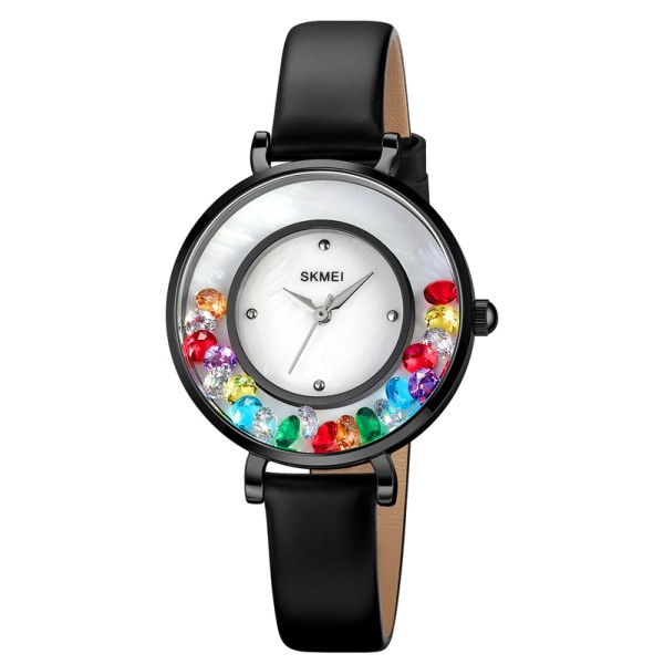 Жіночий класичний годинник Skmei 2041BK Black з білим циферблатом та шкіряним ремінцем