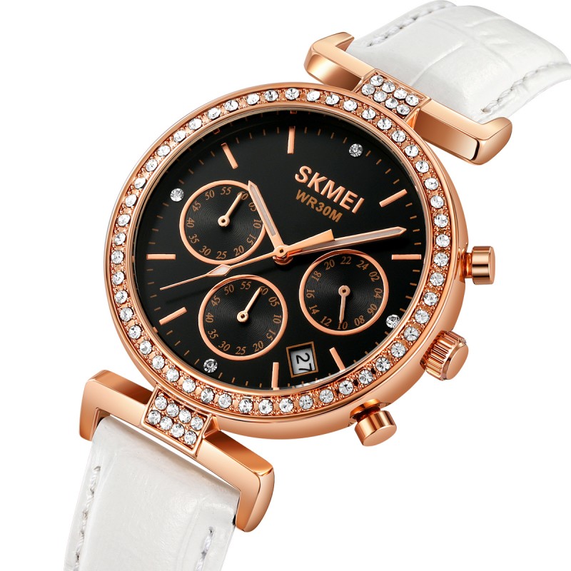 Жіночий годинник Skmei 2089RGWT Rose Gold-White з хронографом та шкіряним ремінцем