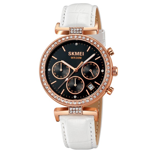 Жіночий годинник Skmei 2089RGWT Rose Gold-White з хронографом та шкіряним ремінцем