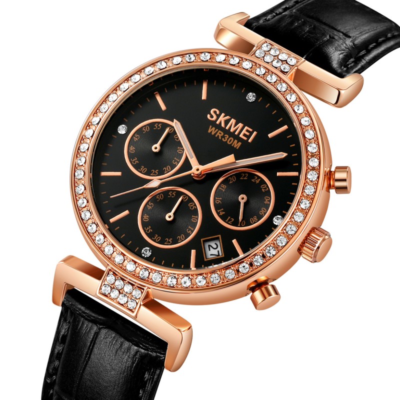 Жіночий годинник Skmei 2089RGBK Rose Gold-Black з хронографом та шкіряним ремінцем