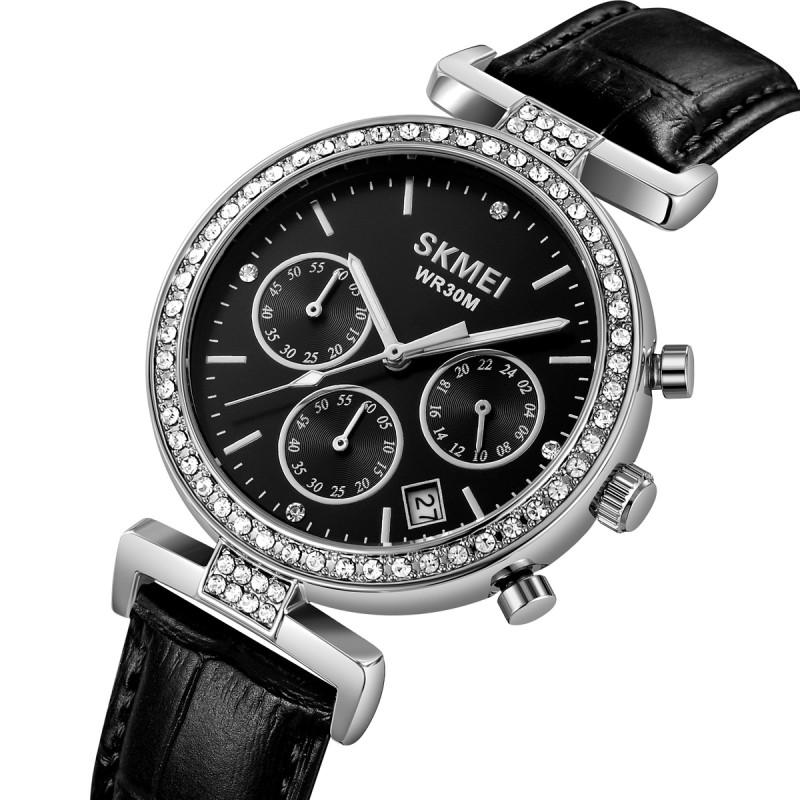 Женские часы Skmei 2089SIBK Silver-Black с кожаным ремешком и хронографом