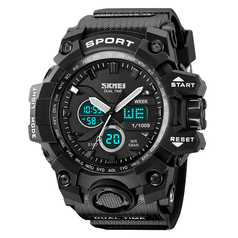 Мужские тактические часы Skmei 2197BK Black с комбинированным циферблатом и водозащитой 5 ATM