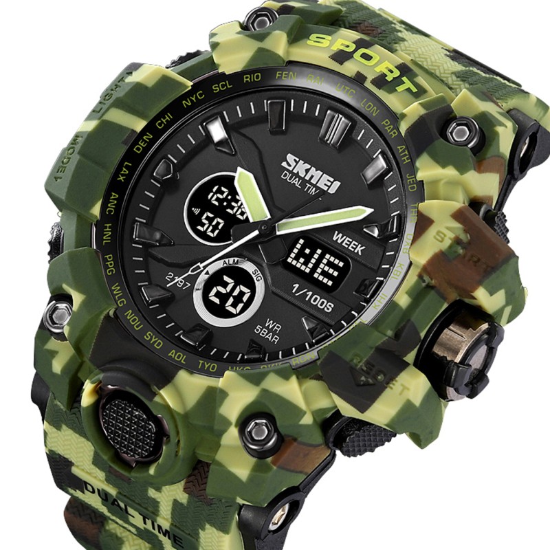 Мужские тактические часы Skmei 2197CMGN Army Green Camouflage с комбинированным циферблатом и подсветкой