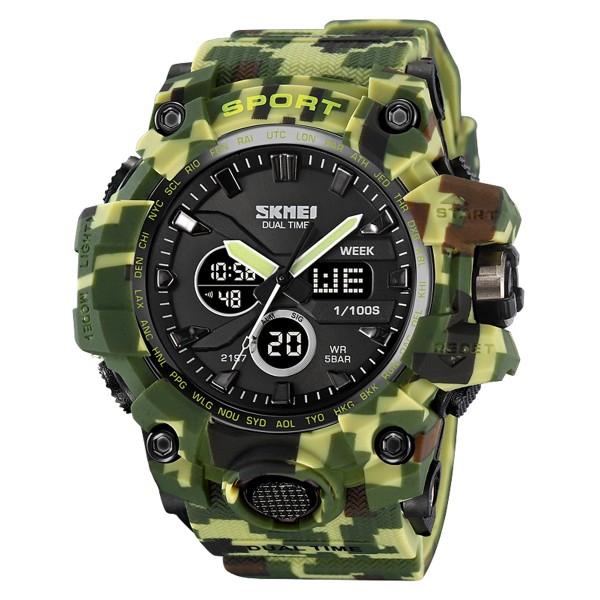 Мужские тактические часы Skmei 2197CMGN Army Green Camouflage с комбинированным циферблатом и подсветкой