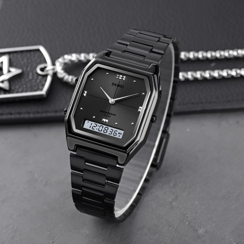 Годинник Skmei 2258BK Black унісекс класичний з металевим браслетом та стрілково-електронним циферблатом