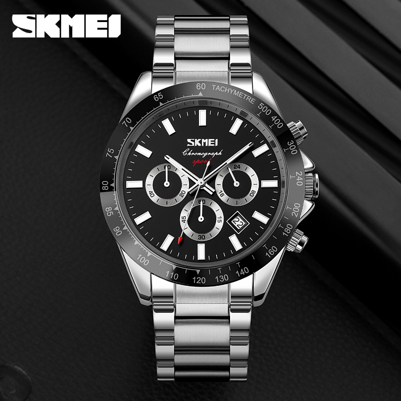 Мужские наручные часы Skmei 9259SIBK Silver-Black с серебристым браслетом и хронографом