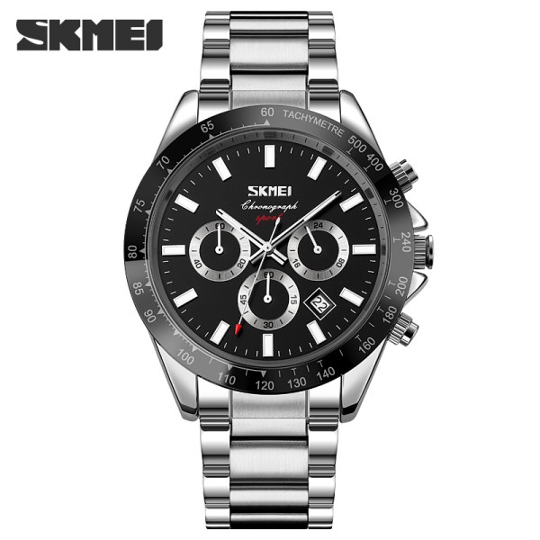 Мужские наручные часы Skmei 9259SIBK Silver-Black с серебристым браслетом и хронографом