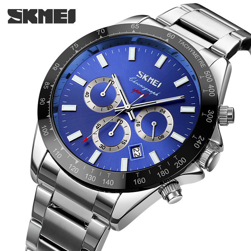 Мужские часы Skmei 9259SIBU Silver-Blue с хронографом и календарем, серебристый браслет