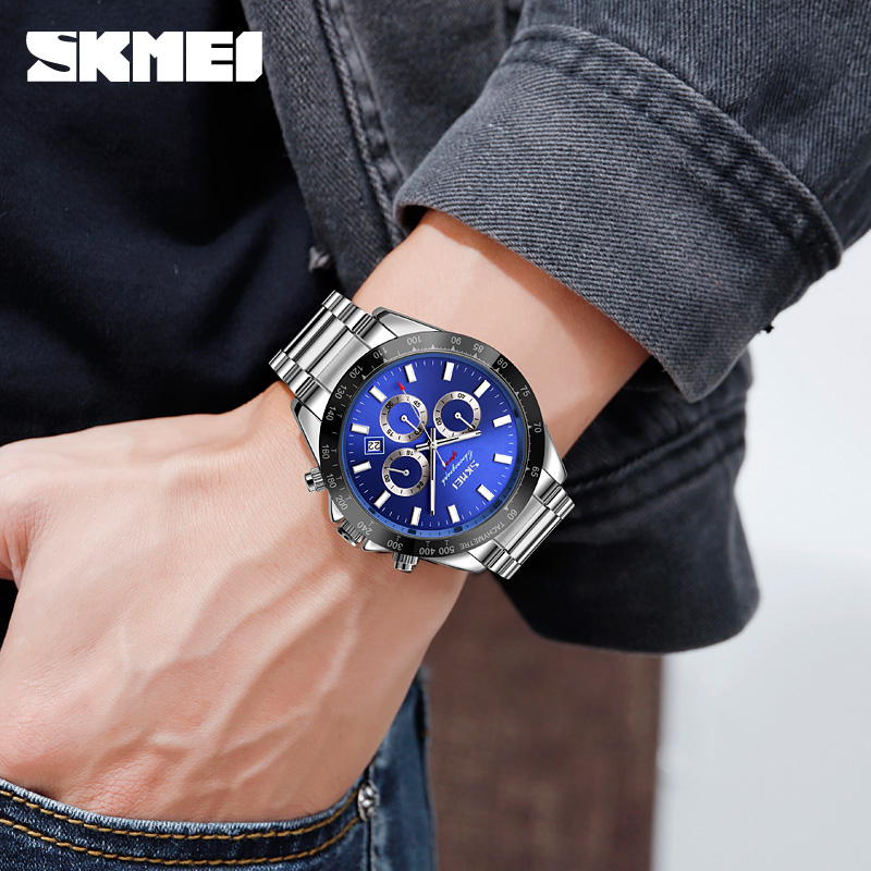 Мужские часы Skmei 9259SIBU Silver-Blue с хронографом и календарем, серебристый браслет