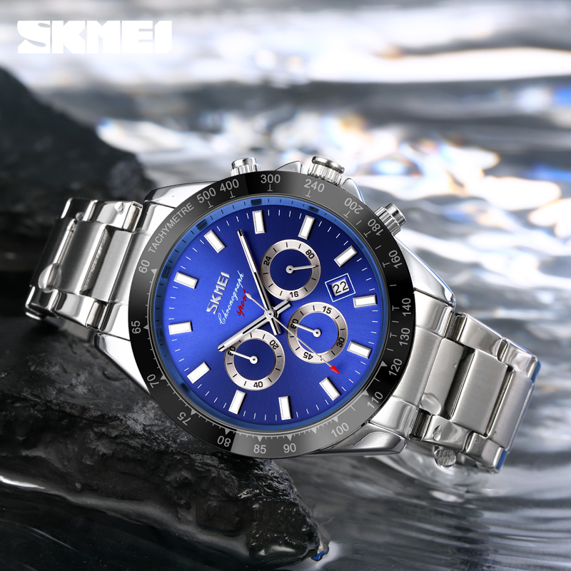 Мужские часы Skmei 9259SIBU Silver-Blue с хронографом и календарем, серебристый браслет