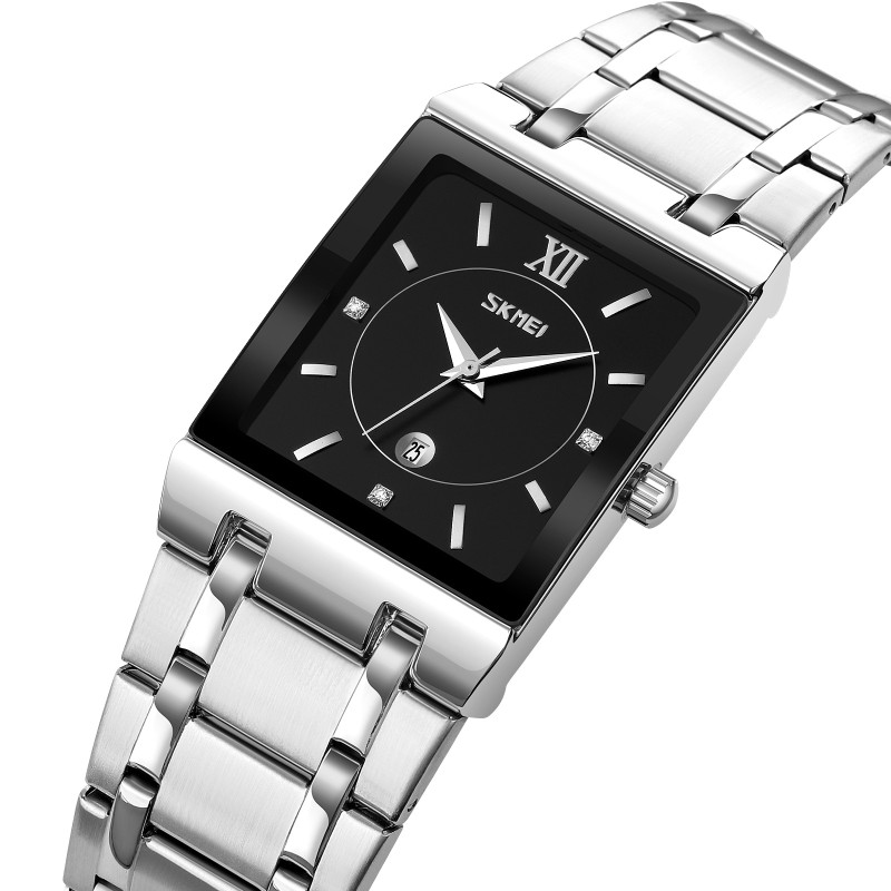 Женские часы Skmei 9263SIBK Silver-Black в классическом стиле с металлическим браслетом и черным циферблатом