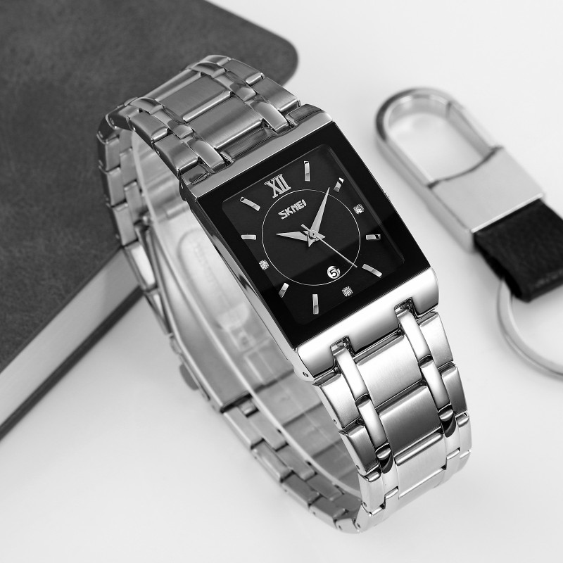 Женские часы Skmei 9263SIBK Silver-Black в классическом стиле с металлическим браслетом и черным циферблатом