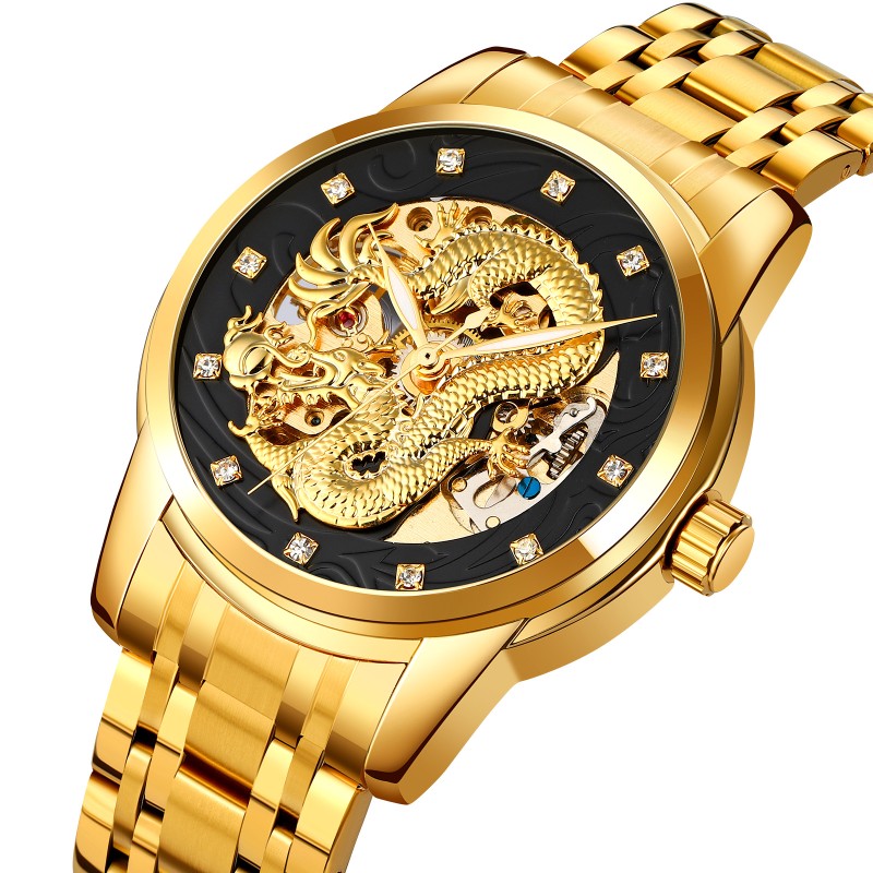 Чоловічий механічний годинник Skmei 9310GDBK Gold-Black з автопідзаводом та мінеральним склом