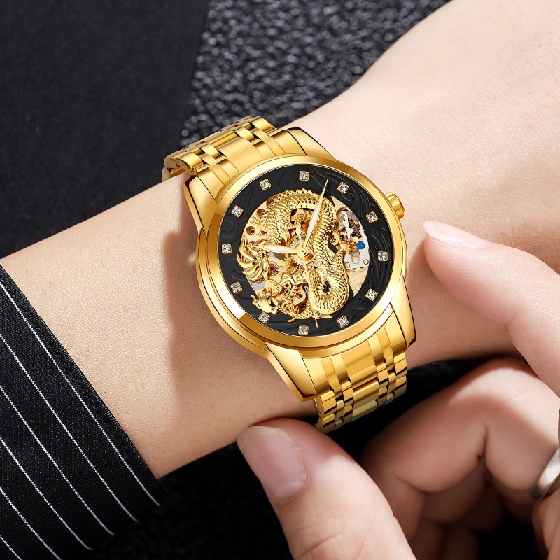 Чоловічий механічний годинник Skmei 9310GDBK Gold-Black з автопідзаводом та мінеральним склом