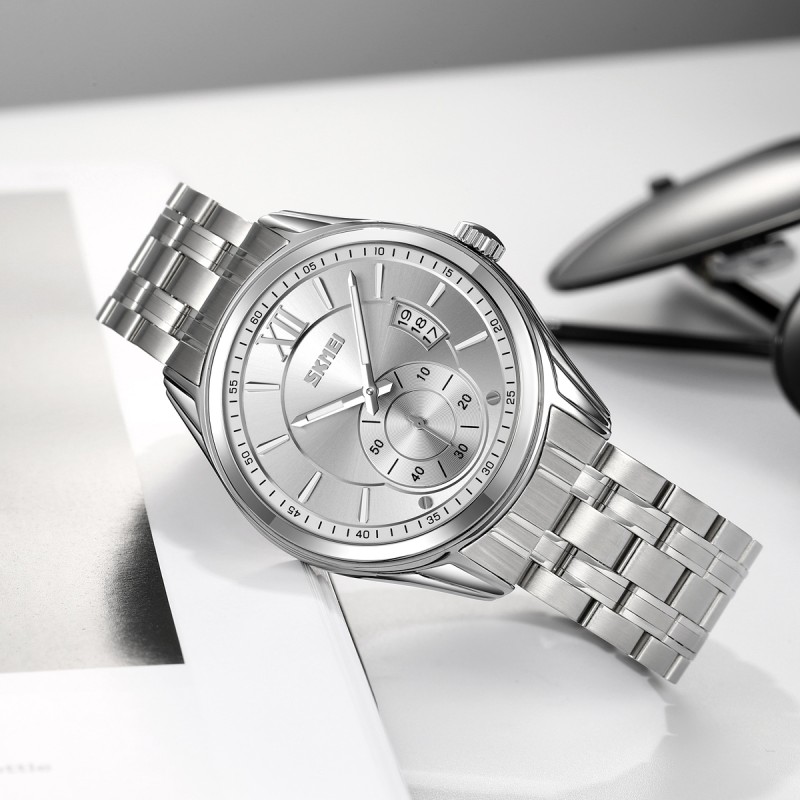 Чоловічий класичний годинник Skmei 9319SISI Silver-Silver з металевим браслетом та мінеральним склом