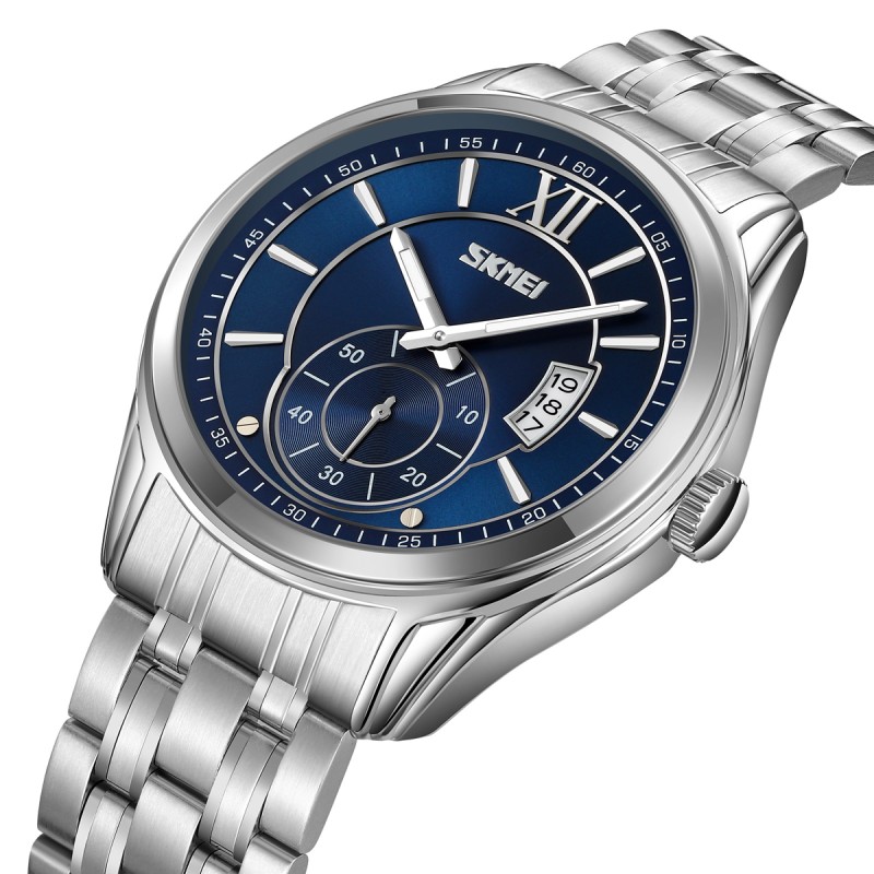 Мужские классические часы Skmei 9319SIBU Silver-Blue с серебристым браслетом и синим циферблатом