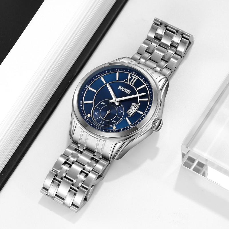 Мужские классические часы Skmei 9319SIBU Silver-Blue с серебристым браслетом и синим циферблатом