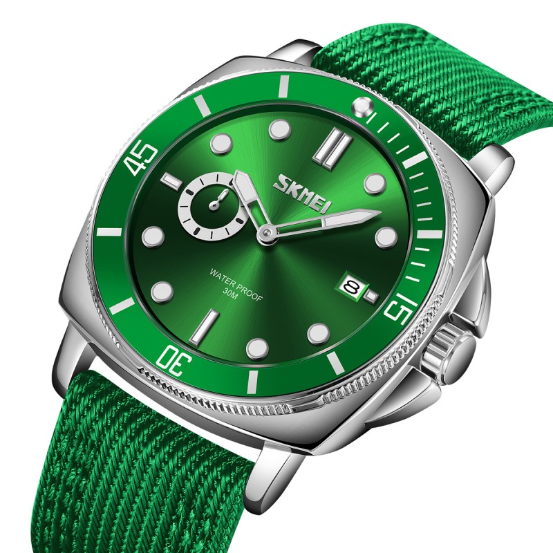 Мужские наручные часы Skmei 9328GN Green с серебристым корпусом и нейлоновым ремешком