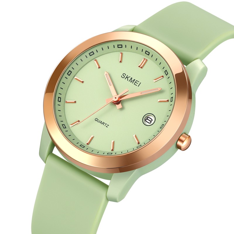 Жіночий годинник Skmei 2319GN Green з каучуковим ремінцем та золотистим безелем