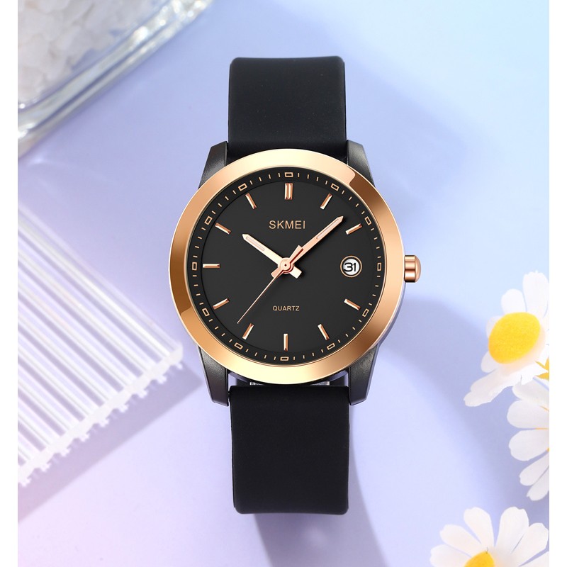 Женские часы Skmei 2319BK Black с каучуковым ремешком и золотистыми акцентами