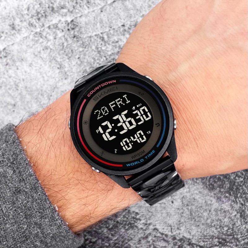 Чоловічий спортивний годинник Skmei 2412SBK Black Steel з електронним циферблатом та сталевим браслетом