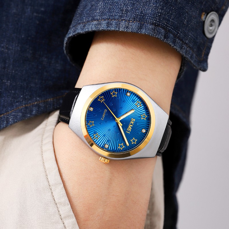 Чоловічий годинник Skmei 2058BU Blue STOPPED зі шкіряним ремінцем та синім циферблатом