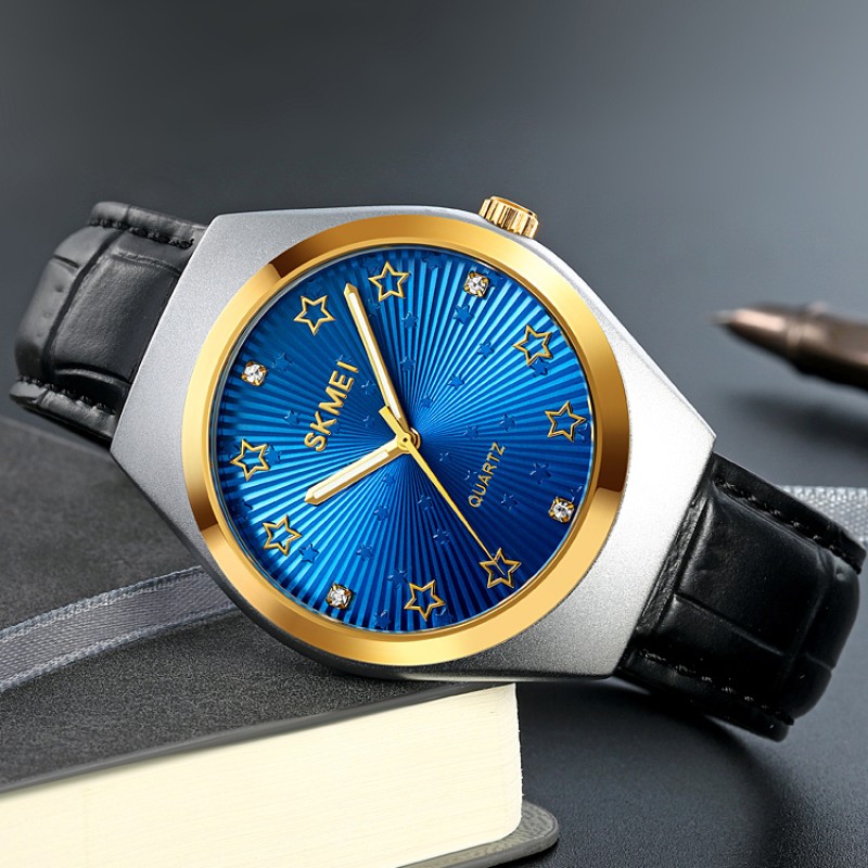 Чоловічий годинник Skmei 2058BU Blue STOPPED зі шкіряним ремінцем та синім циферблатом