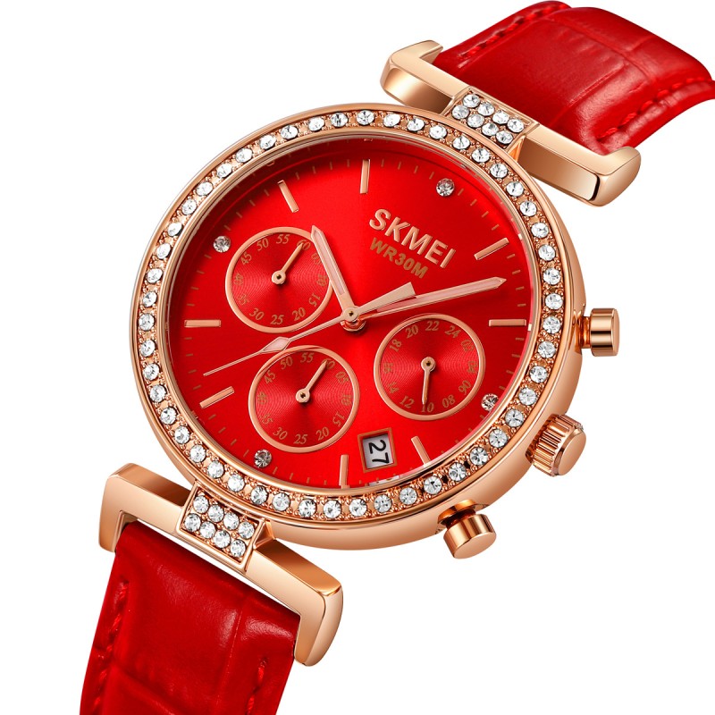 Жіночий годинник Skmei 2089RGRD Rose Gold-Red з хронографом та шкіряним ремінцем