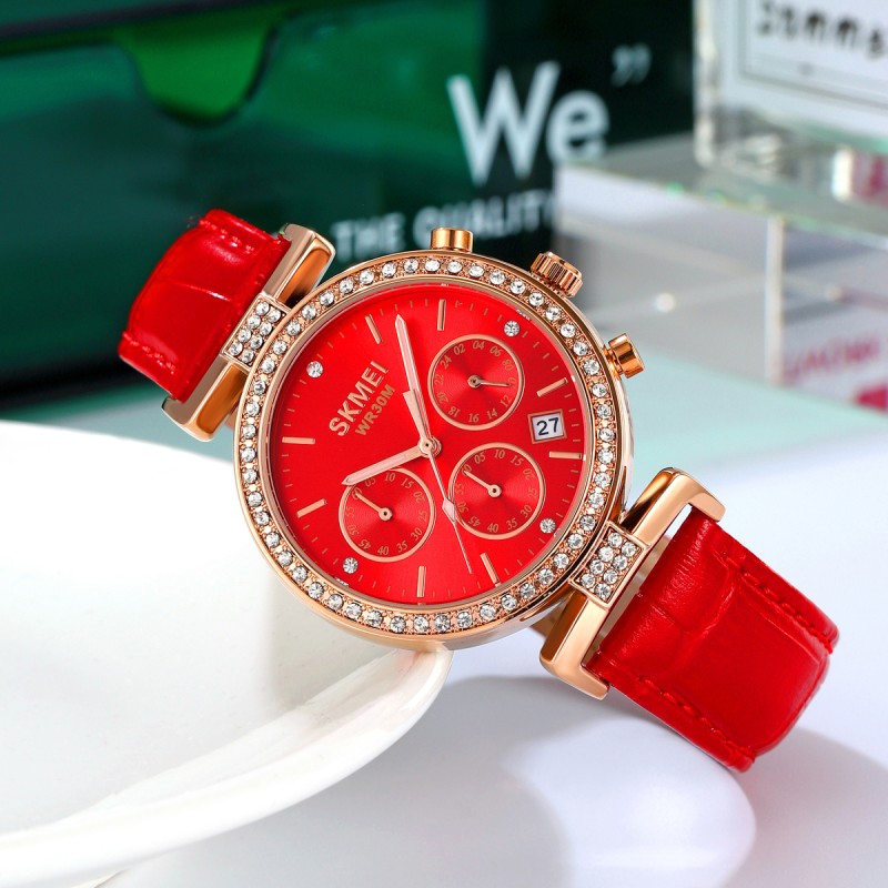 Жіночий годинник Skmei 2089RGRD Rose Gold-Red з хронографом та шкіряним ремінцем