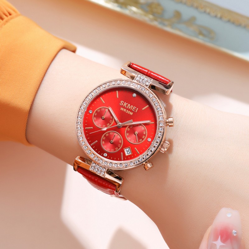Жіночий годинник Skmei 2089RGRD Rose Gold-Red з хронографом та шкіряним ремінцем