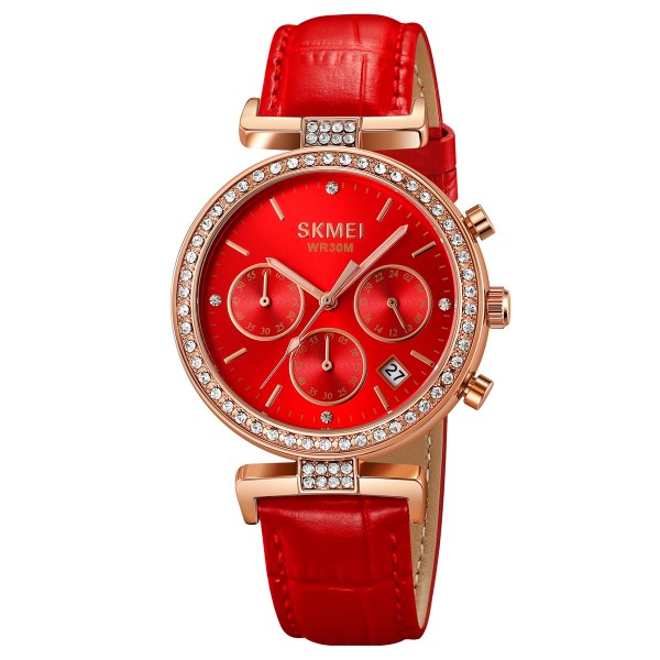 Жіночий годинник Skmei 2089RGRD Rose Gold-Red з хронографом та шкіряним ремінцем