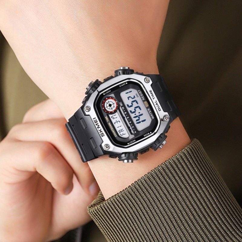 Чоловічий електронний годинник Skmei 2126SIBK Silver-Black з підсвічуванням та будильником