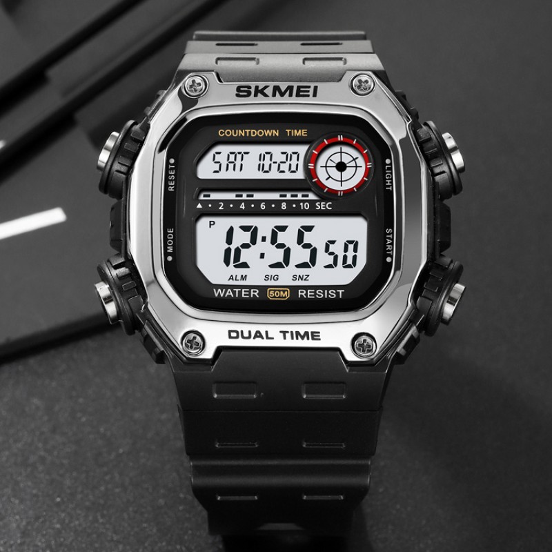 Чоловічий електронний годинник Skmei 2126SIBK Silver-Black з підсвічуванням та будильником
