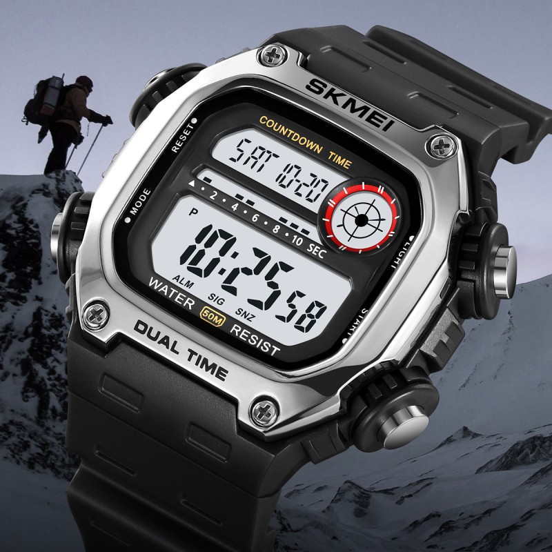 Чоловічий електронний годинник Skmei 2126SIBK Silver-Black з підсвічуванням та будильником