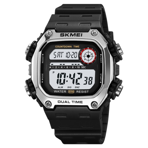 Чоловічий електронний годинник Skmei 2126SIBK Silver-Black з підсвічуванням та будильником