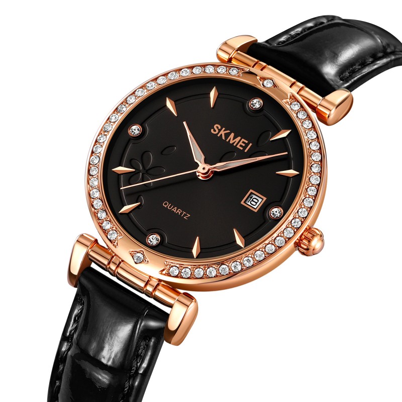 Женские часы Skmei 2169RGBK Rose Gold-Black с кожаным ремешком и минеральным стеклом