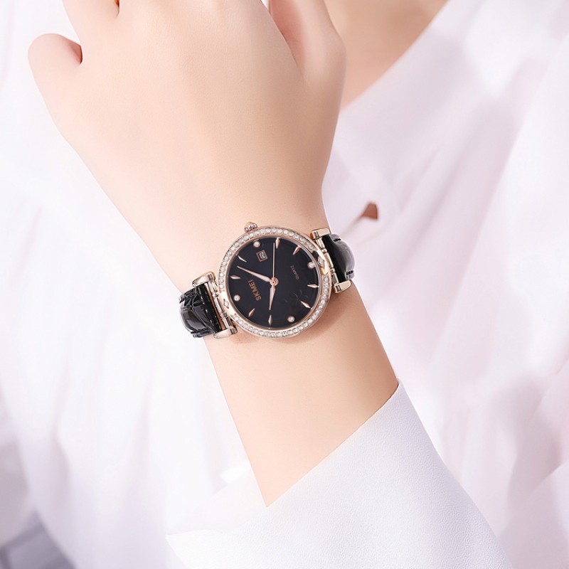 Женские часы Skmei 2169RGBK Rose Gold-Black с кожаным ремешком и минеральным стеклом