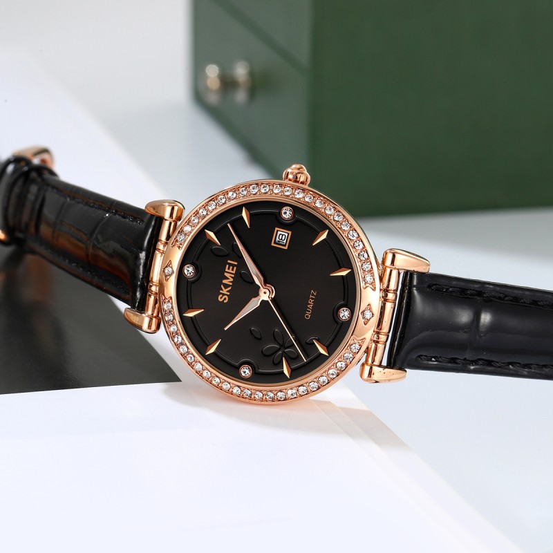 Женские часы Skmei 2169RGBK Rose Gold-Black с кожаным ремешком и минеральным стеклом