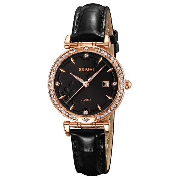 Женские часы Skmei 2169RGBK Rose Gold-Black с кожаным ремешком и минеральным стеклом