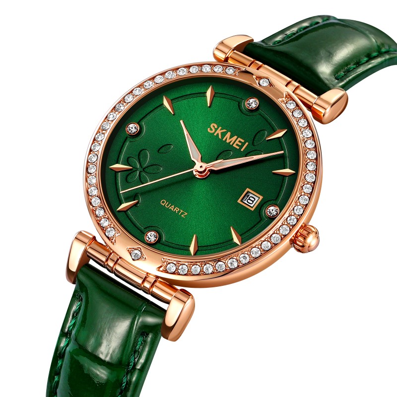 Жіночий годинник Skmei 2169RGGN Rose Gold-Green з мінеральним склом та шкіряним ремінцем