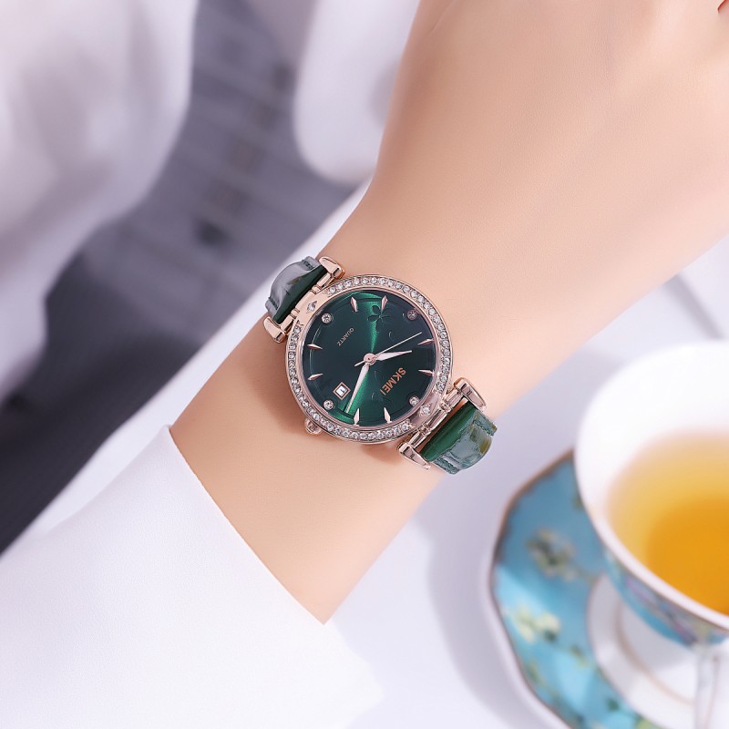 Жіночий годинник Skmei 2169RGGN Rose Gold-Green з мінеральним склом та шкіряним ремінцем